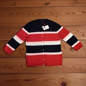 Talbots Red, White and Navy Striped Cardigan